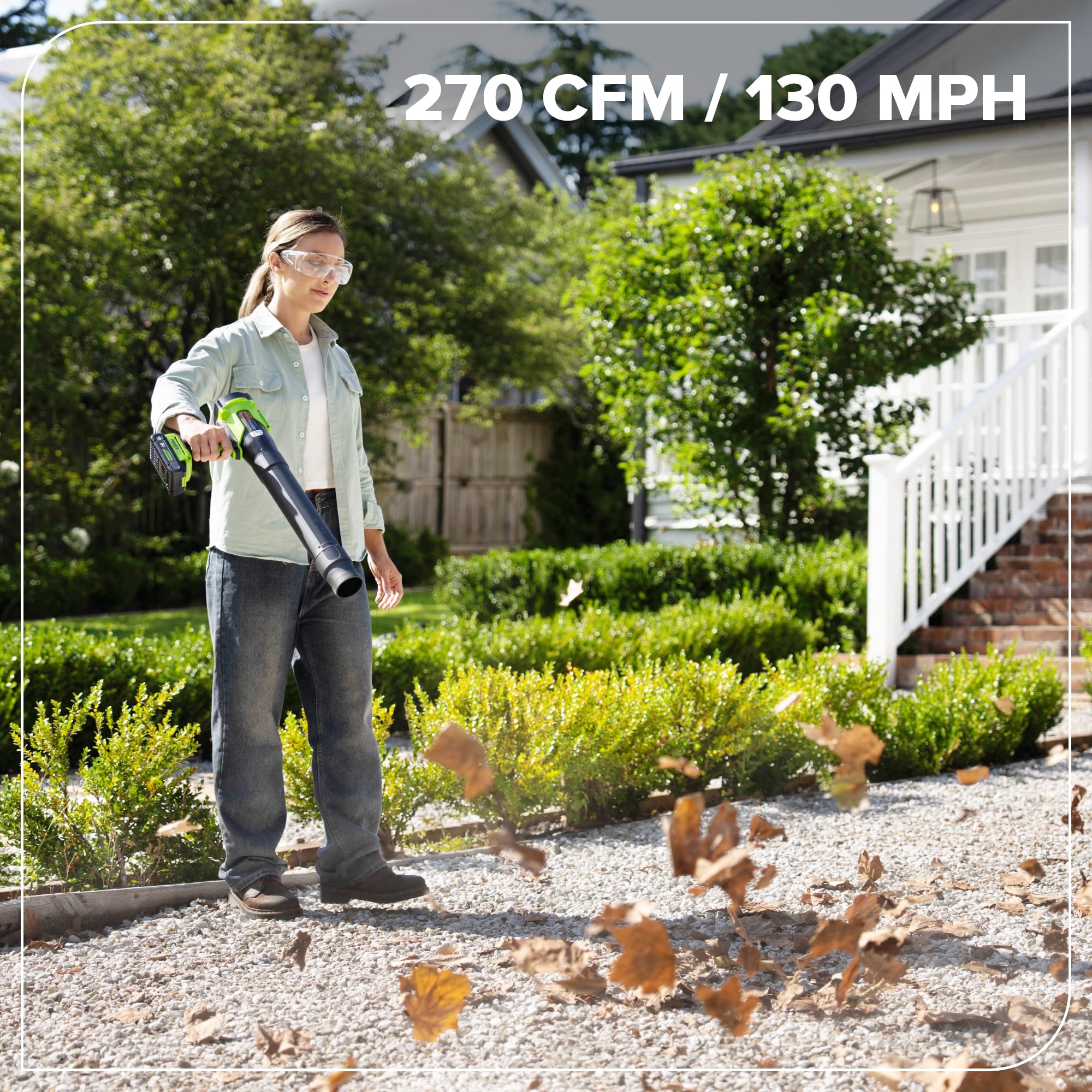 Greenworks blower held in hand showing lightweight, easy-handling benefit