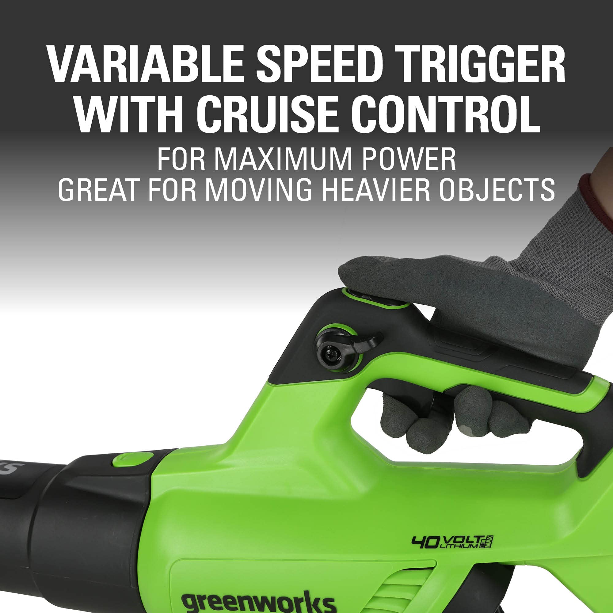 Greenworks blower beside measuring tape showing lightweight size advantage