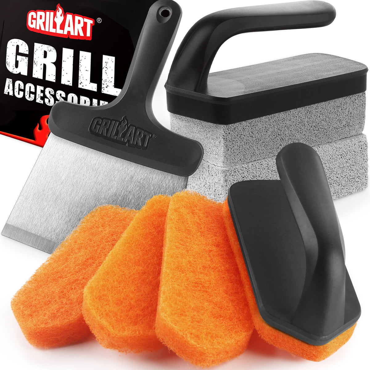 GRILLART front packaging showing full griddle cleaning kit and included tools