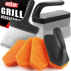 GRILLART front packaging showing full griddle cleaning kit and included tools
