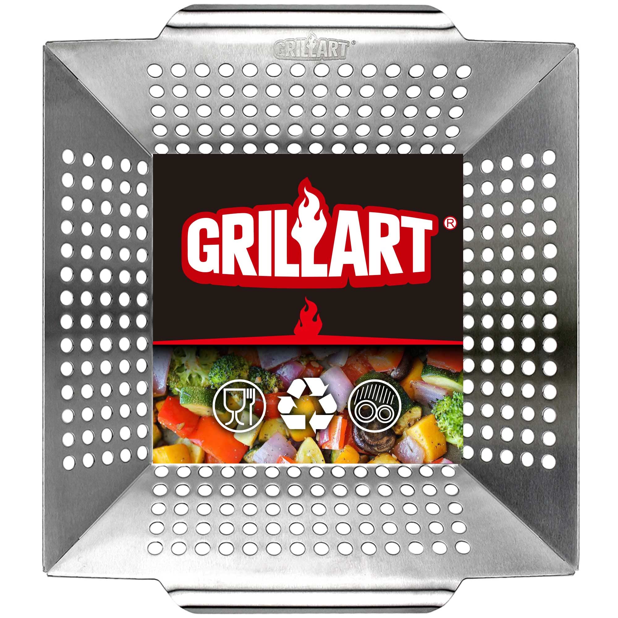 GRILLART front view of large stainless steel grill basket showing durable design and capacity