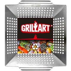 GRILLART front view of large stainless steel grill basket showing durable design and capacity