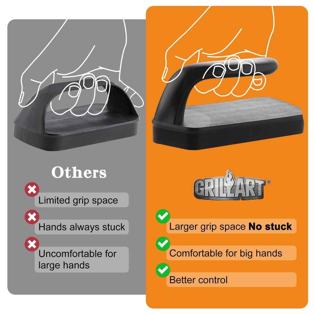 GRILLART heavy-duty scraper angled to show thickness and trapezoid edge
