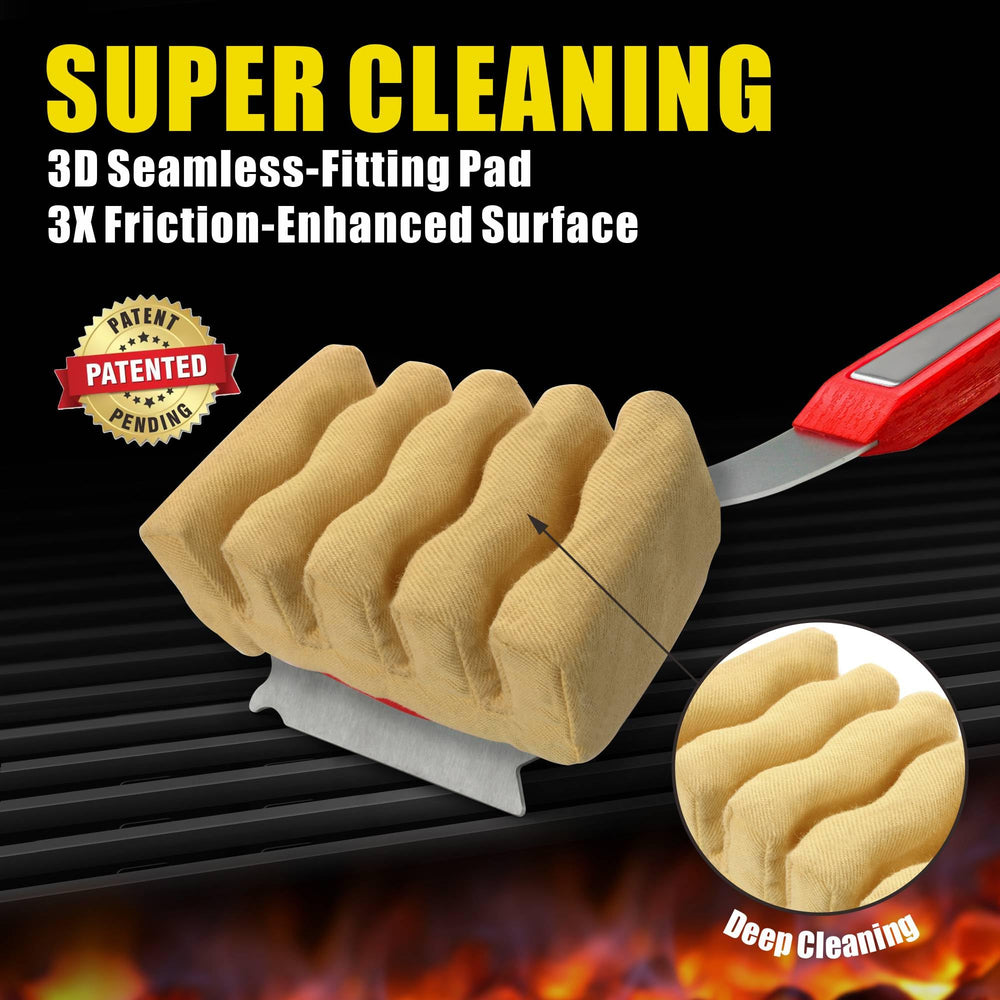 GRILLART cleaning pad on cast iron grate demonstrating deep-reach benefit