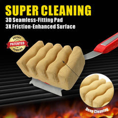 GRILLART cleaning pad on cast iron grate demonstrating deep-reach benefit