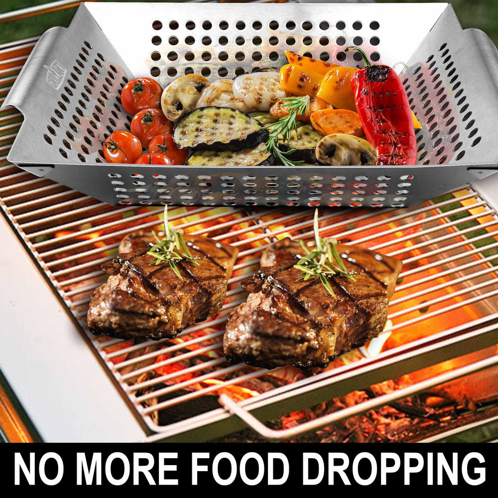 GRILLART close-up of perforations showing stainless steel holes for even smoke and char