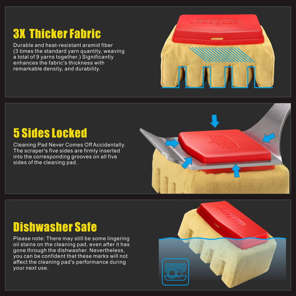 GRILLART built-in scraper edge detail for removing stubborn buildup benefit