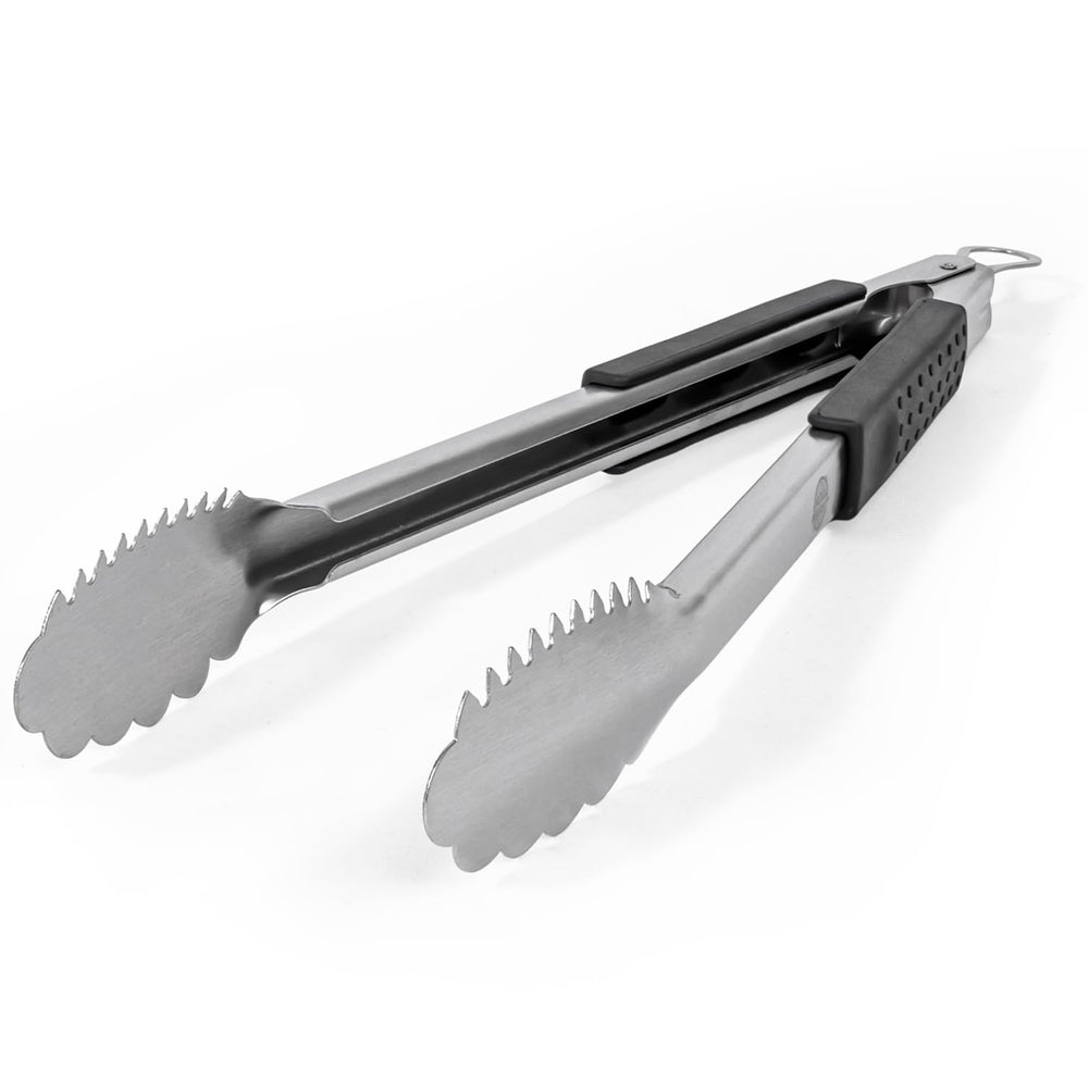 Grille Perfect front view of full 16-inch stainless steel tongs showing durable construction and reach