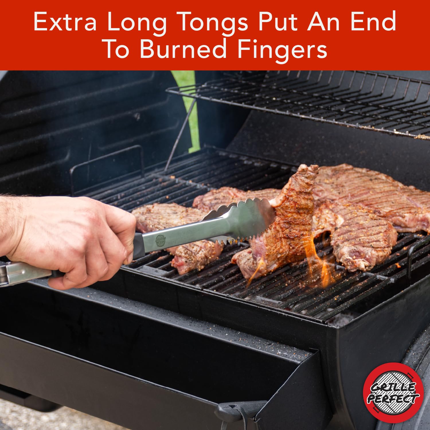 Grille Perfect textured three-sided silicone handles offering heat resistance and non-slip control