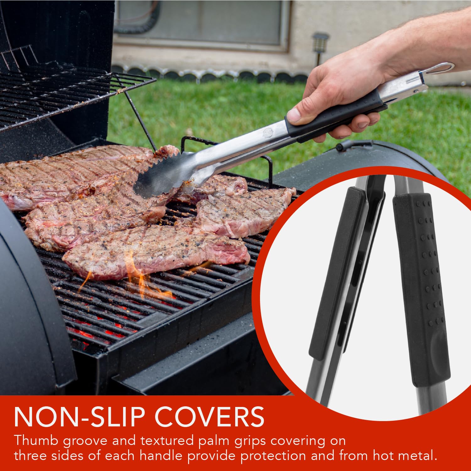 Grille Perfect tongs in use turning sausages on a charcoal grill for safer handling