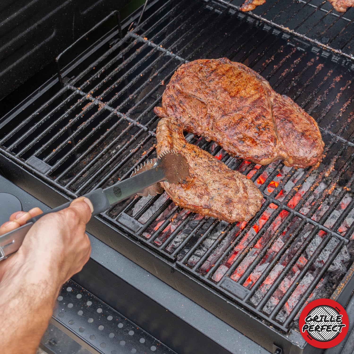 Grille Perfect tongs beside a ruler showing 16-inch scale for extended grill reach