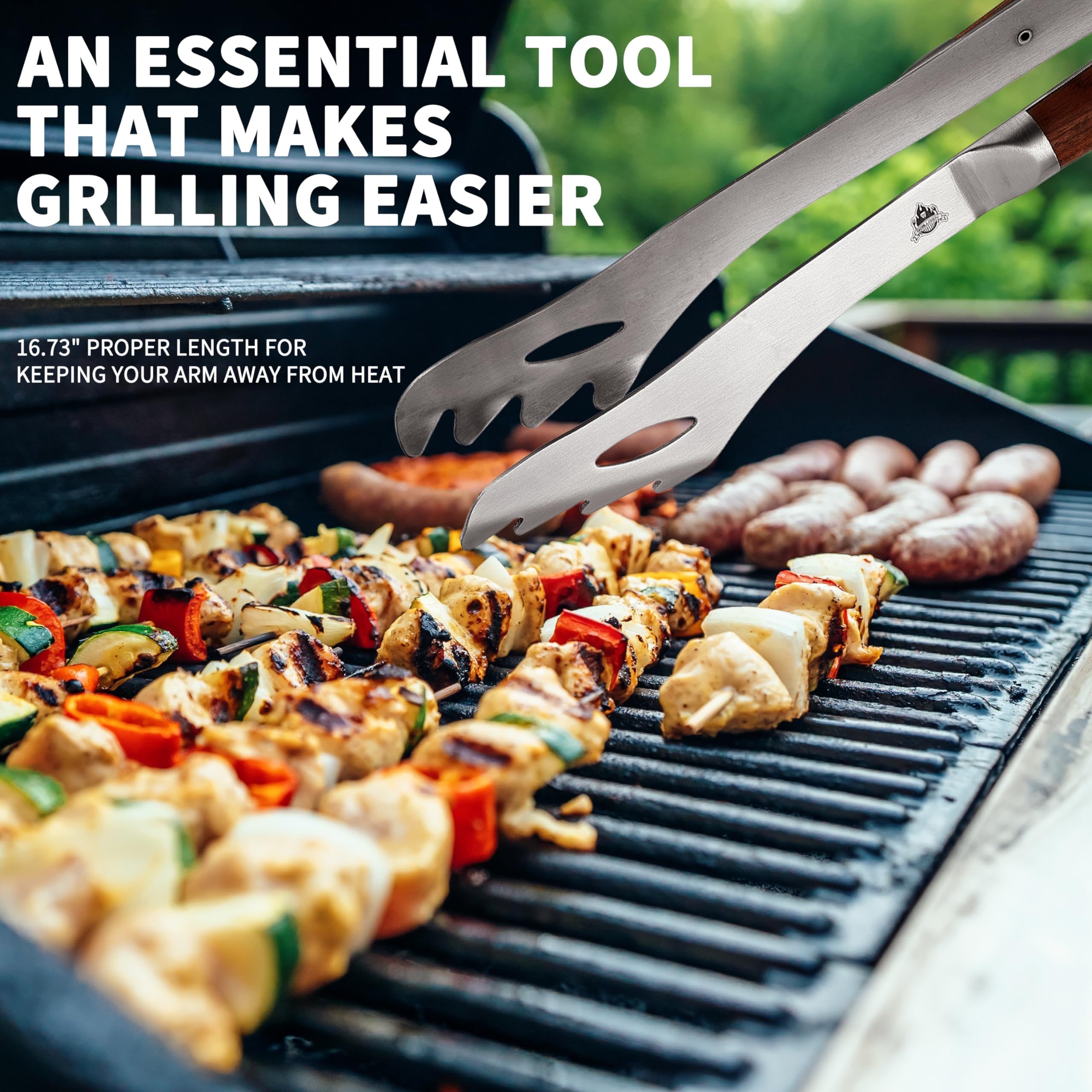 GRILLGEN tongs flipping steak on grill for precise control and reduced slipping