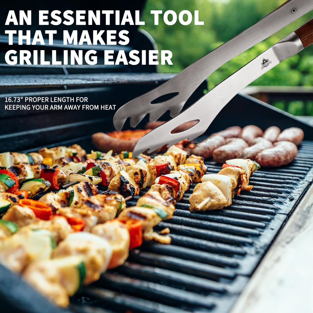GRILLGEN tongs flipping steak on grill for precise control and reduced slipping