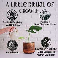 Grow Queen pouring fertilizer into measuring cup for accurate dosing