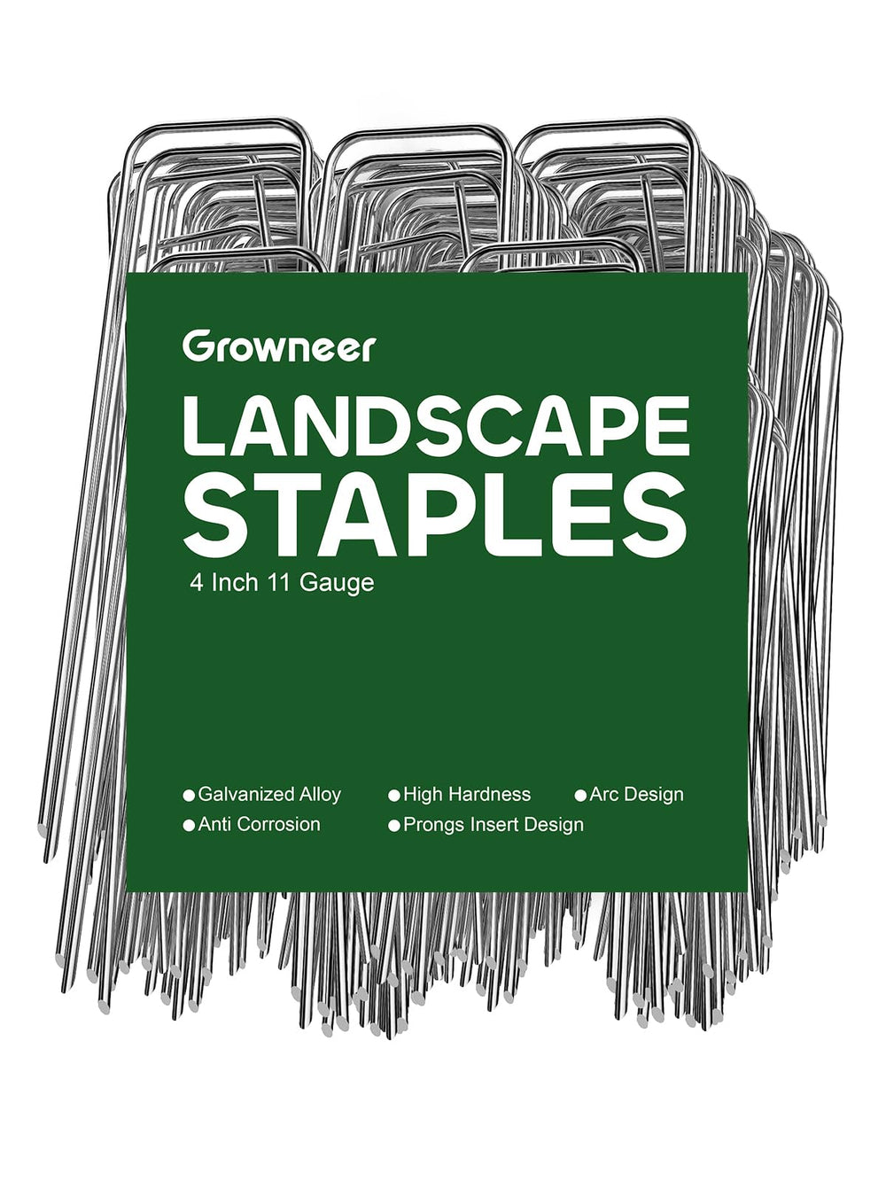 GROWNEER front pack of 100 four-inch staples showing quantity and usage benefit
