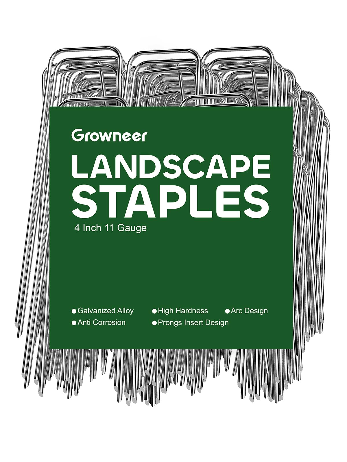 GROWNEER front pack of 100 four-inch staples showing quantity and usage benefit