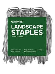 GROWNEER front pack of 100 four-inch staples showing quantity and usage benefit