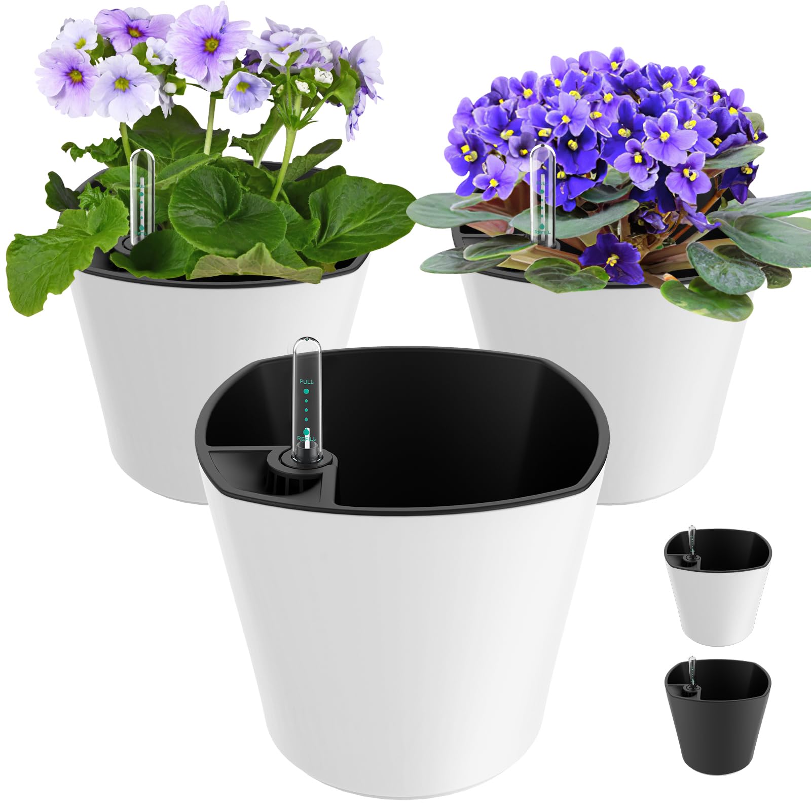 GS Garden front view of three white 7-inch self-watering pots with clean design and durability