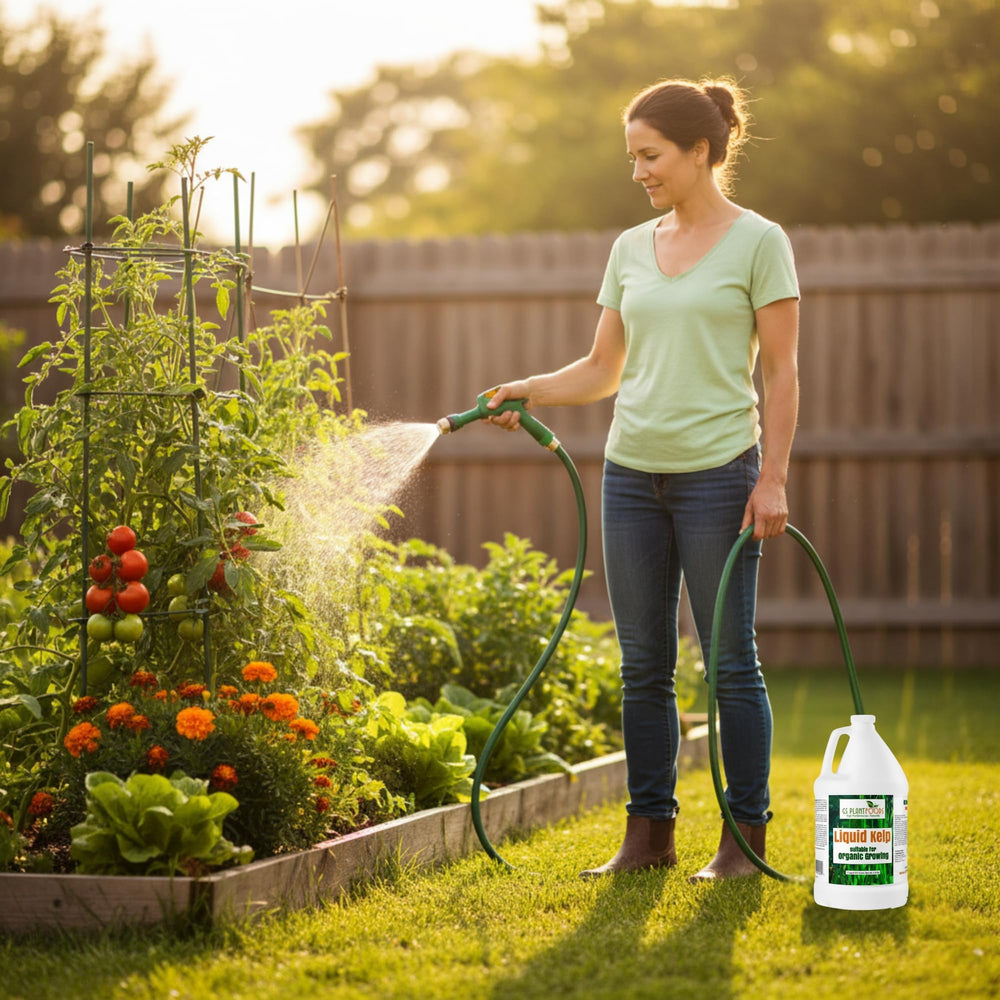 One-gallon GS Plant Foods bottle next to common household item for scale