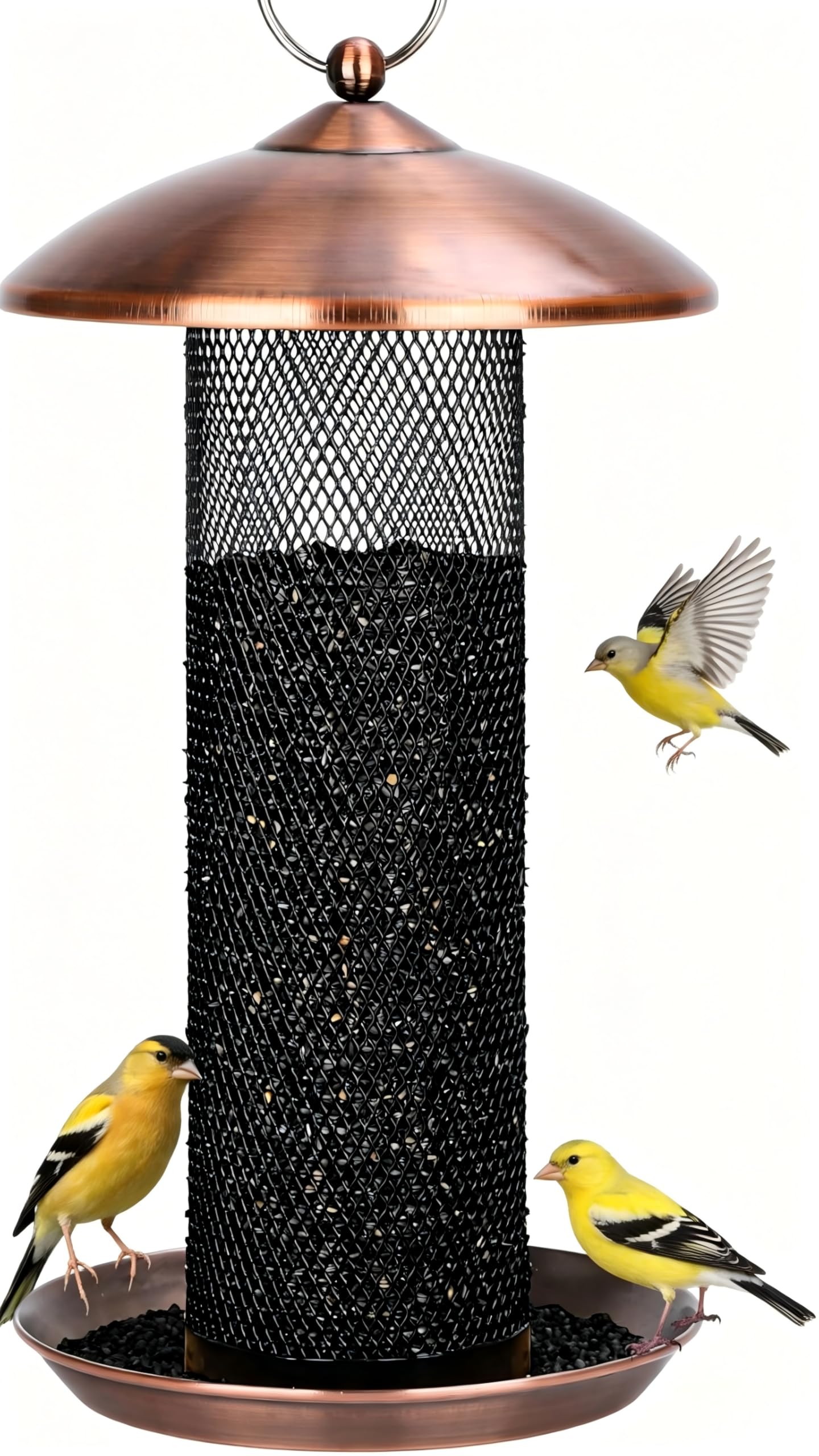 Gtongoko copper finch feeder front view showing full feeder and hanger for durable feeding