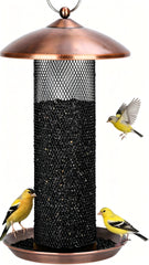 Gtongoko copper finch feeder front view showing full feeder and hanger for durable feeding
