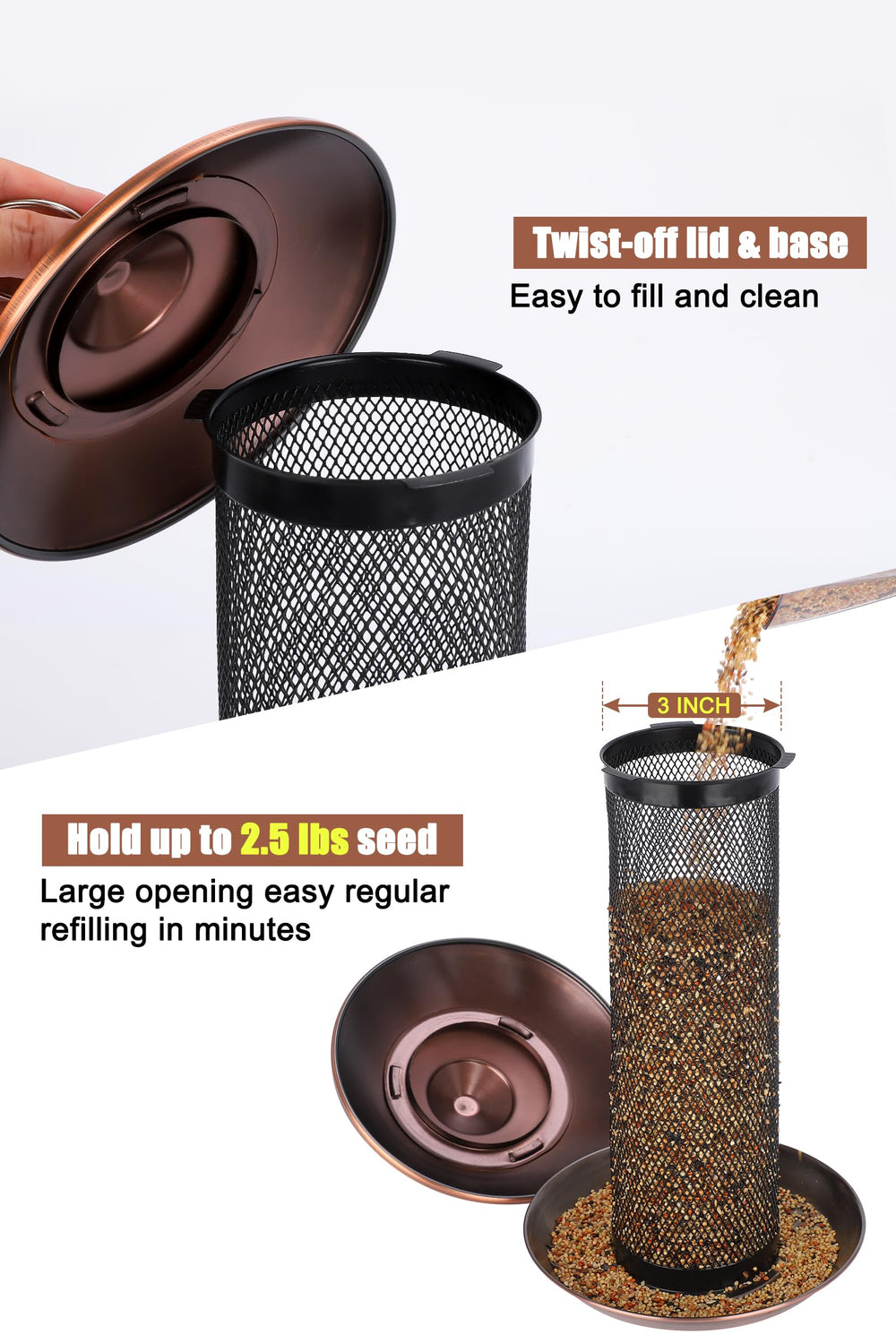 Gtongoko feeder hanging beside garden tools for size comparison and easy placement benefit