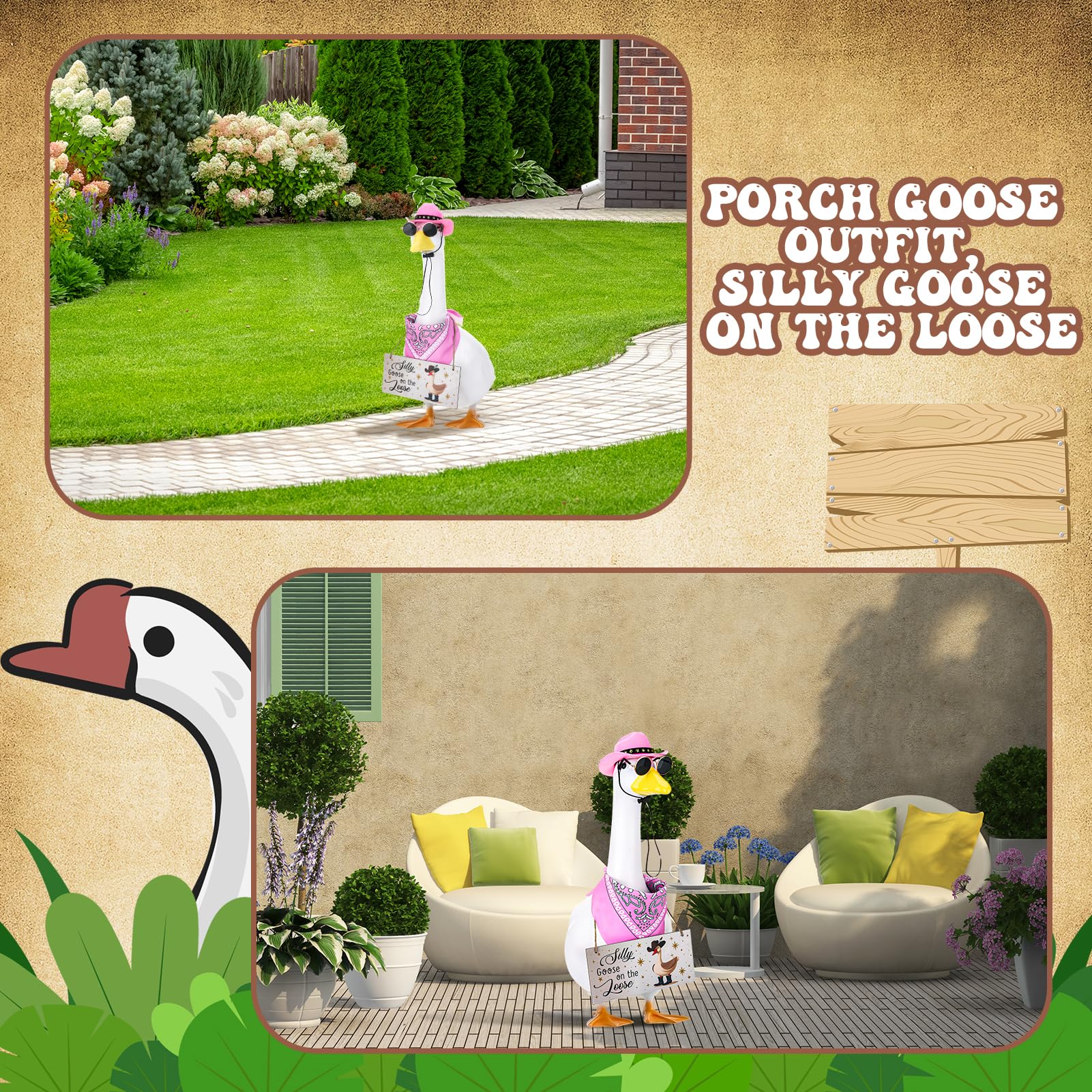 Guiqulai wooden silly goose sign detail adding rustic playful charm
