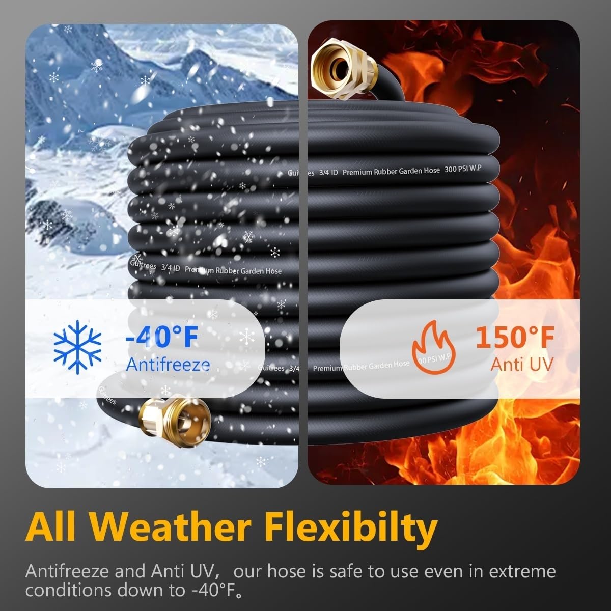 Guitrees hose flexed in cold conditions showing all-weather flexibility benefit