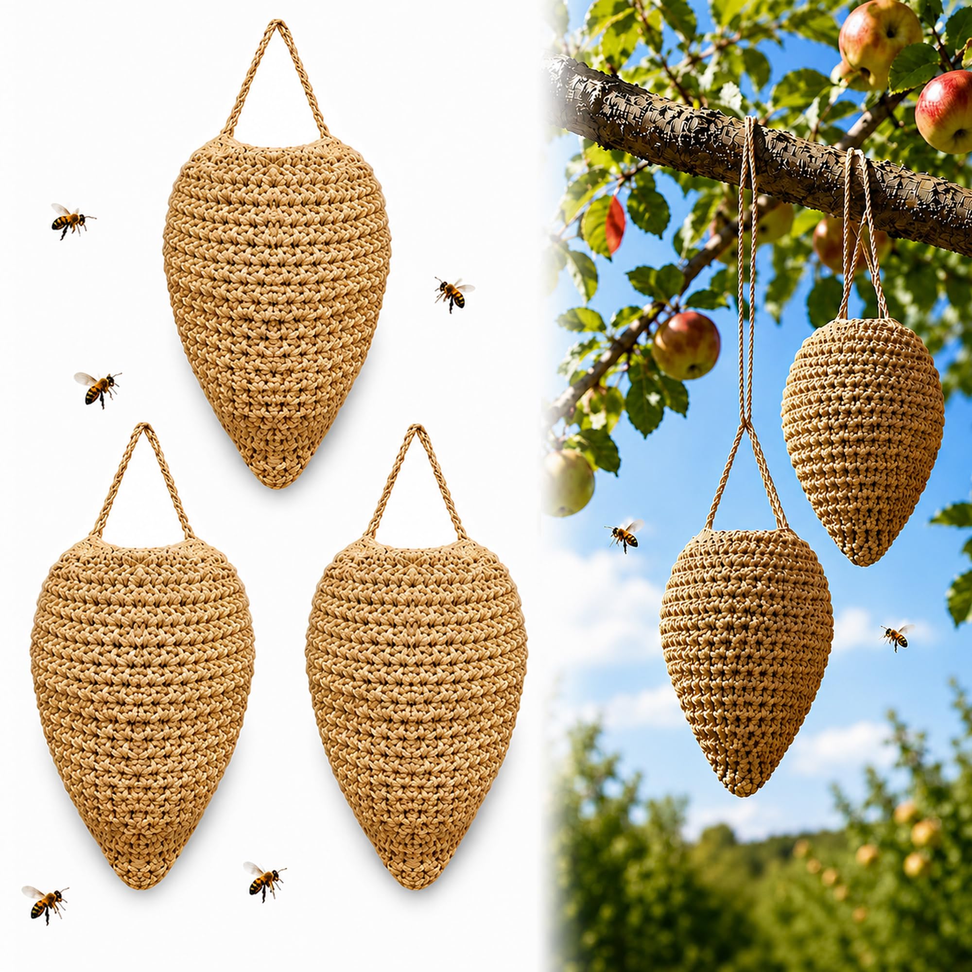 Gullora front view showing three crochet wasp nest decoys deterring insects