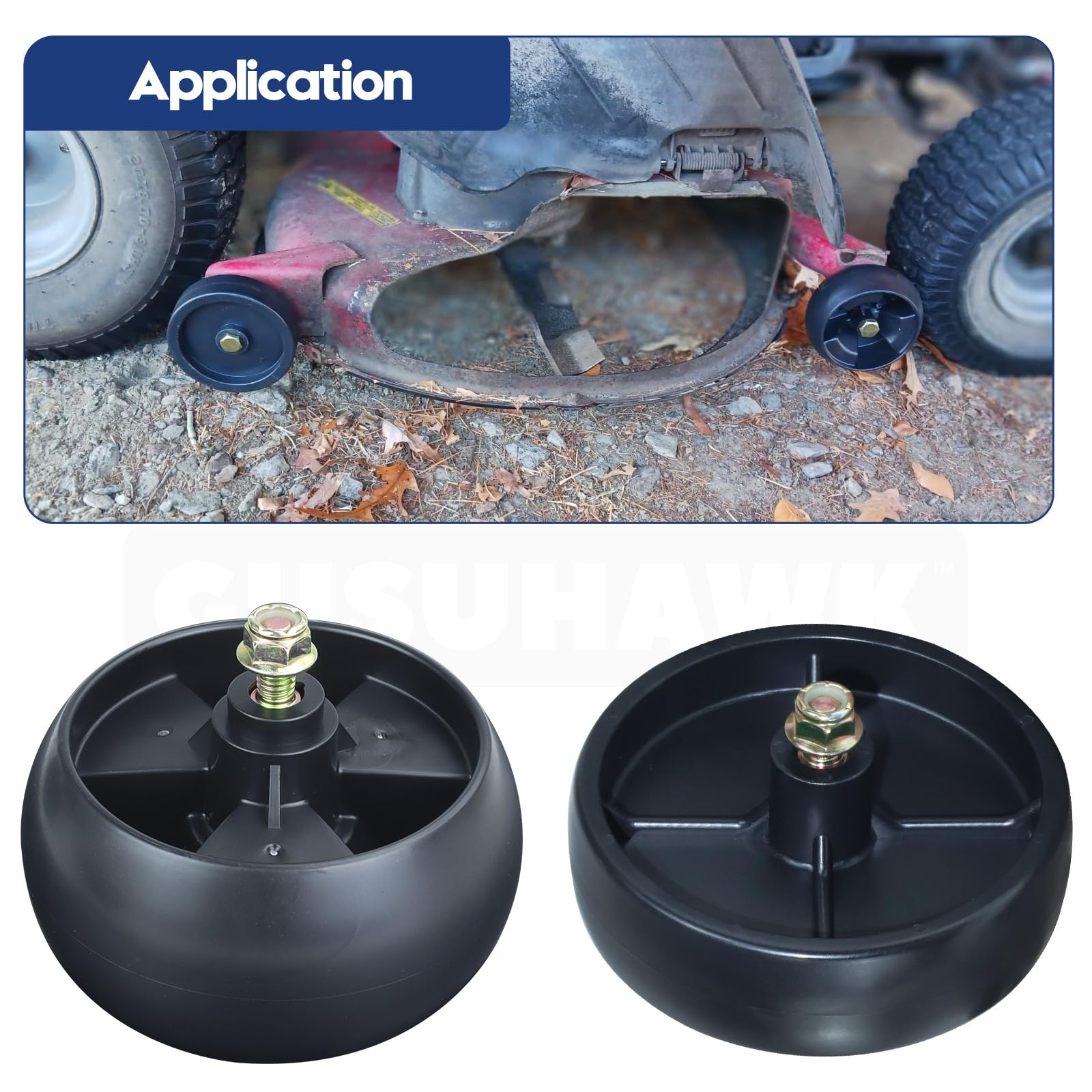 GUSUHAWK wheel installed on mower deck right side, prevents blade housing scraping