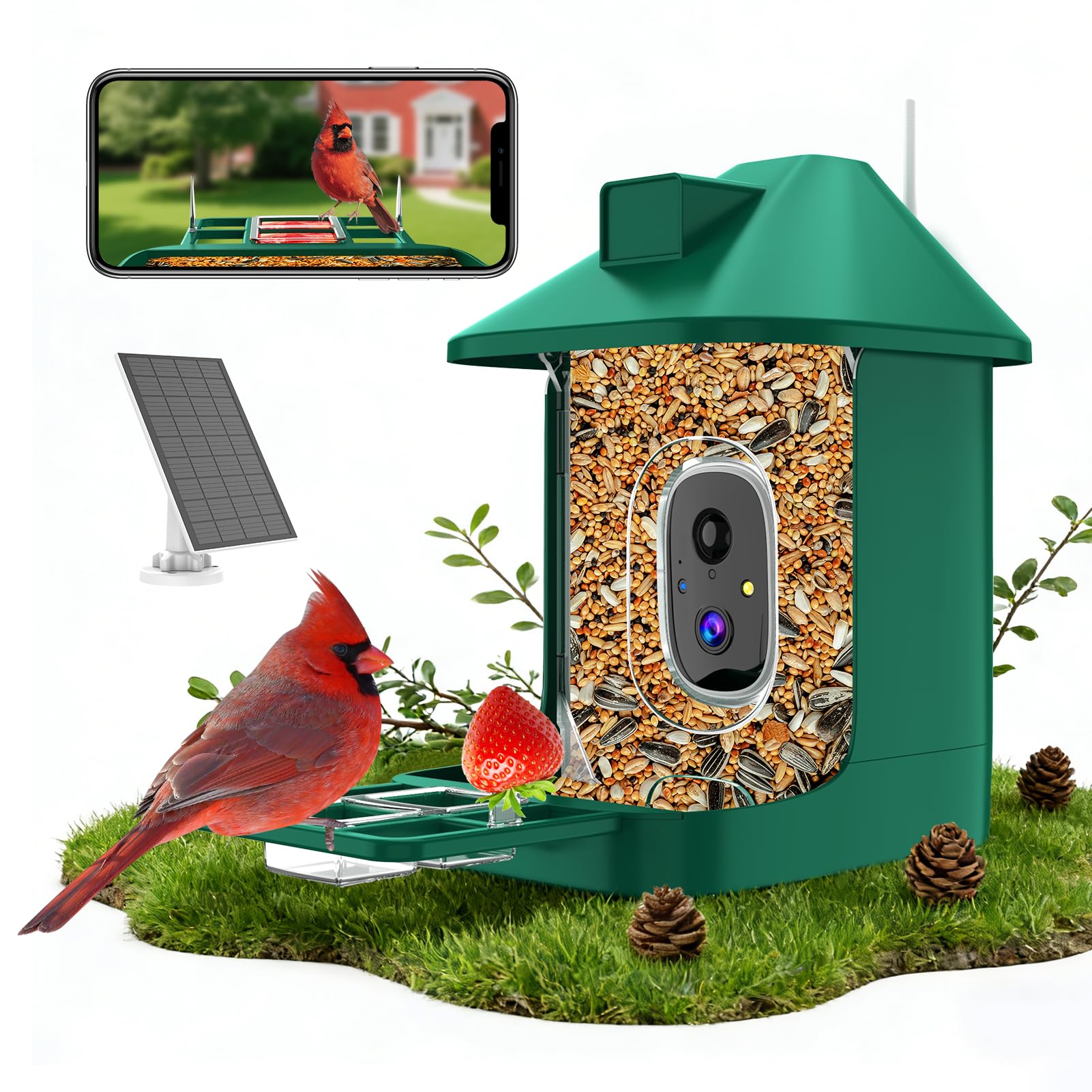 Gyozol front view of bird feeder camera showing weatherproof housing and clear benefit: dependable outdoor monitoring