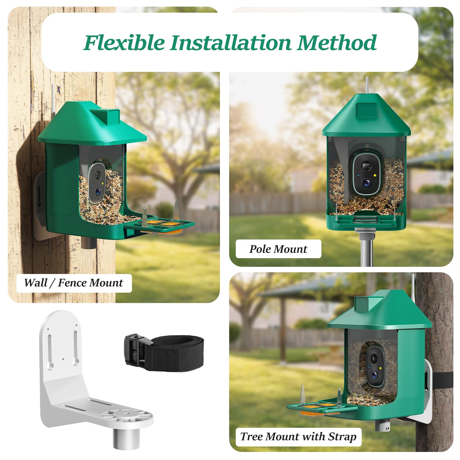 Gyozol label and mounting connector detail highlighting pole-attachment fit and secure installation benefit