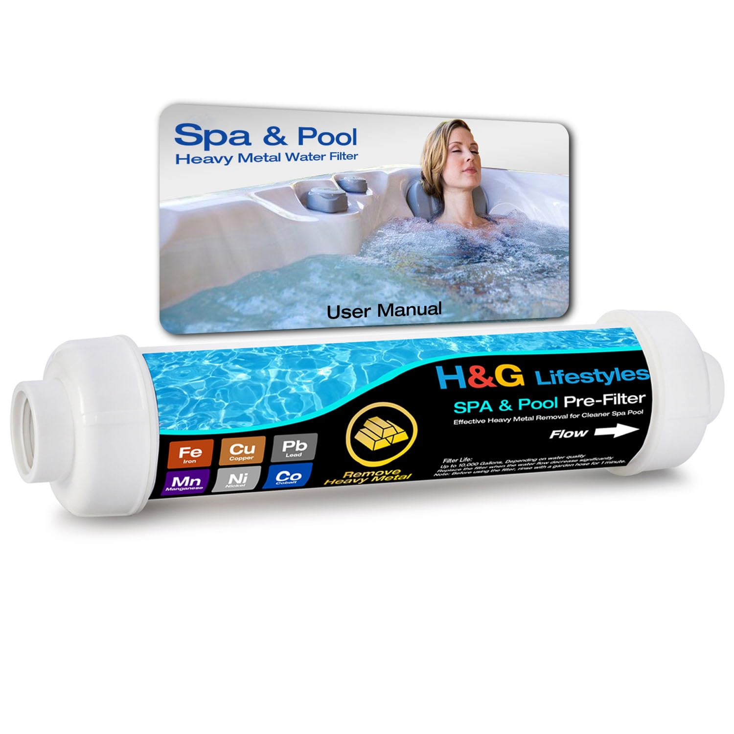 H&G lifestyles front view showing compact inline iron filter and quick installation benefit