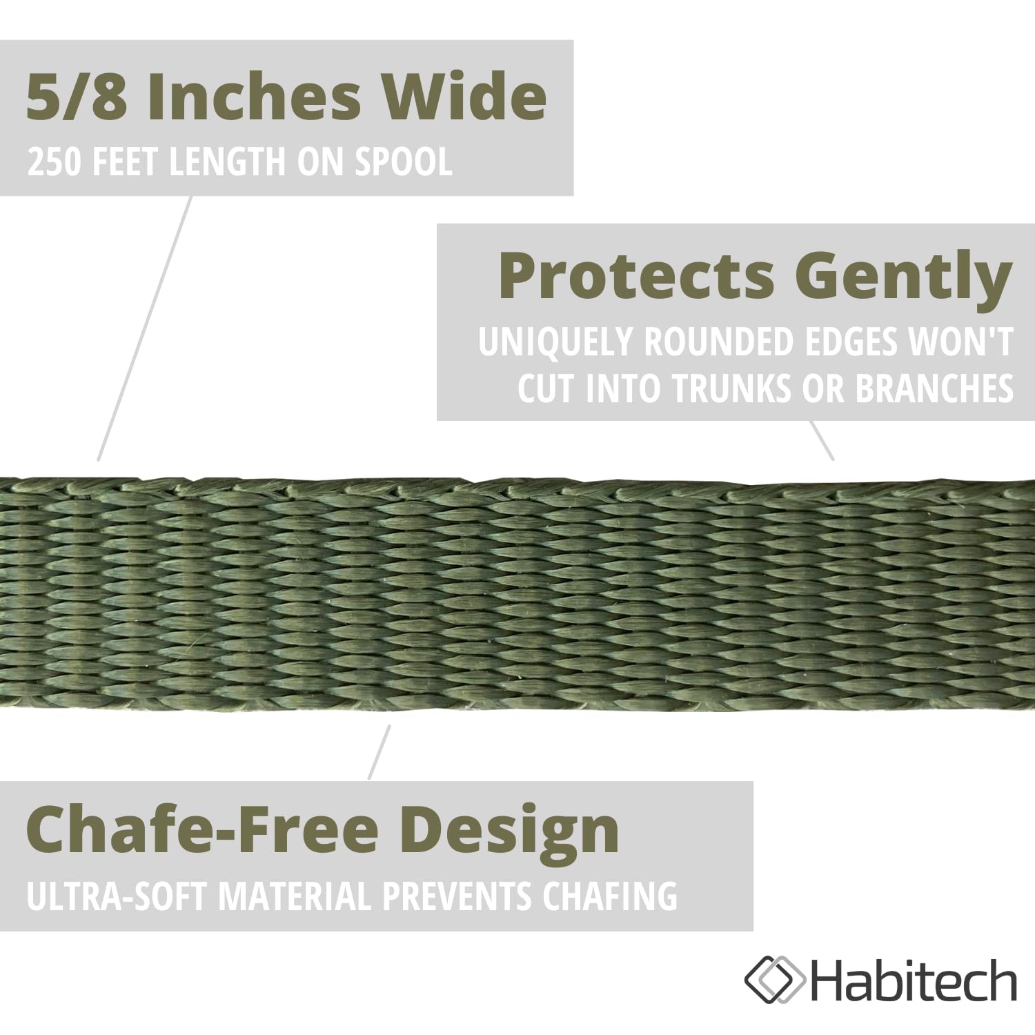 Habitech strap securing a young tree demonstrating bark protection benefit