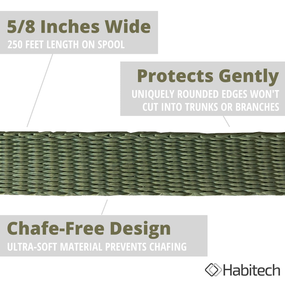 Habitech strap securing a young tree demonstrating bark protection benefit