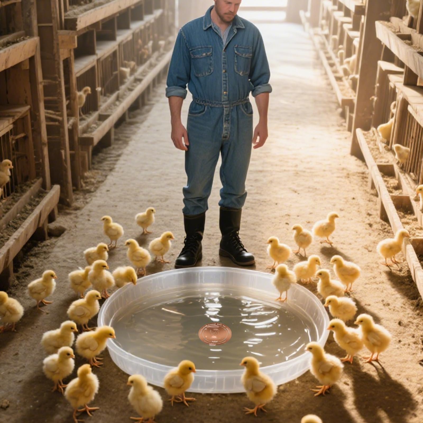 HAEZU copper disk inside a coop setting illustrating low-maintenance watering benefit