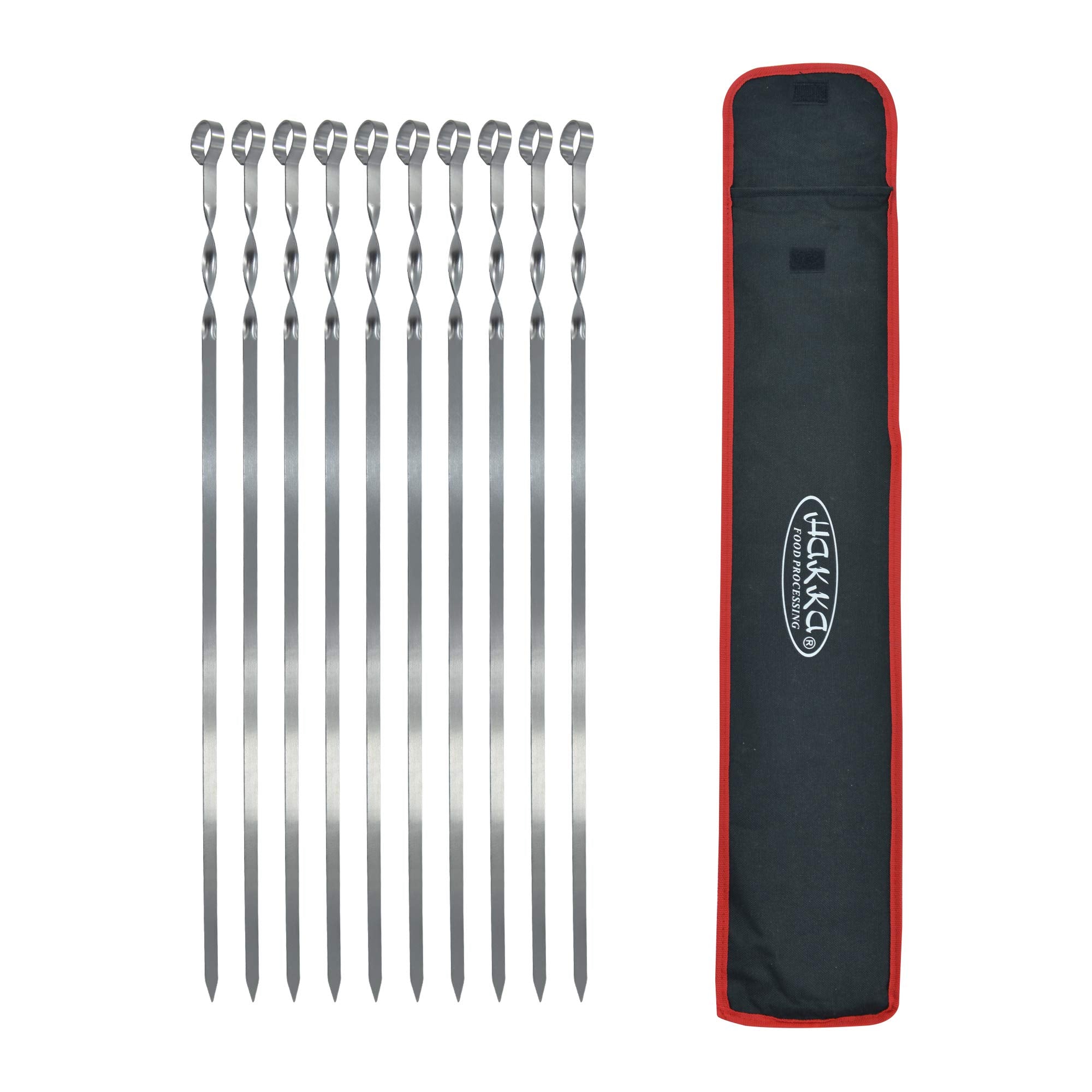 HAKKA FOOD PROCESSING front view of ten stainless steel skewers showing full length and handle benefit