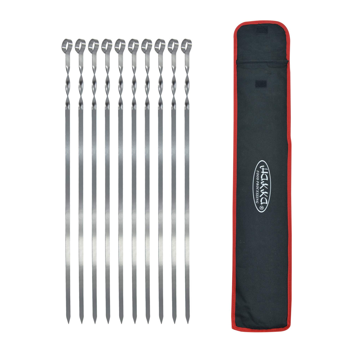 HAKKA FOOD PROCESSING front view of ten stainless steel skewers showing full length and handle benefit