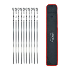 HAKKA FOOD PROCESSING front view of ten stainless steel skewers showing full length and handle benefit