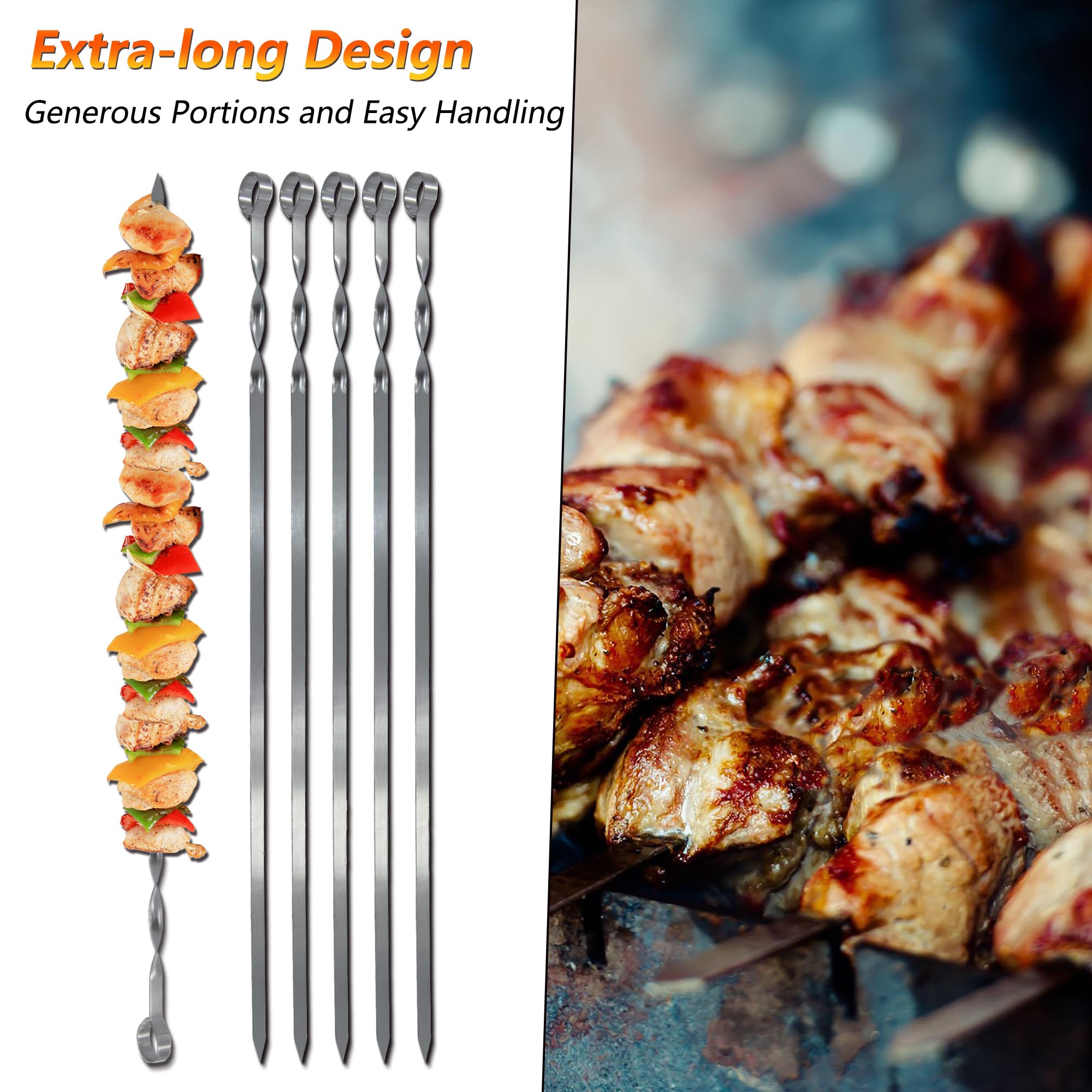 HAKKA FOOD PROCESSING skewewer beside ruler showing 23.6-inch length for safe distance from heat benefit