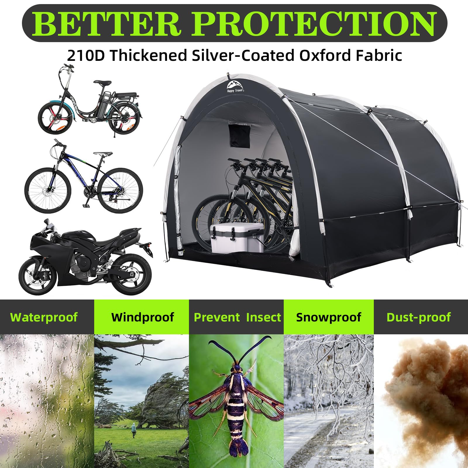 HAPPY TRAVEL assembled shelter with two bikes demonstrating usable space