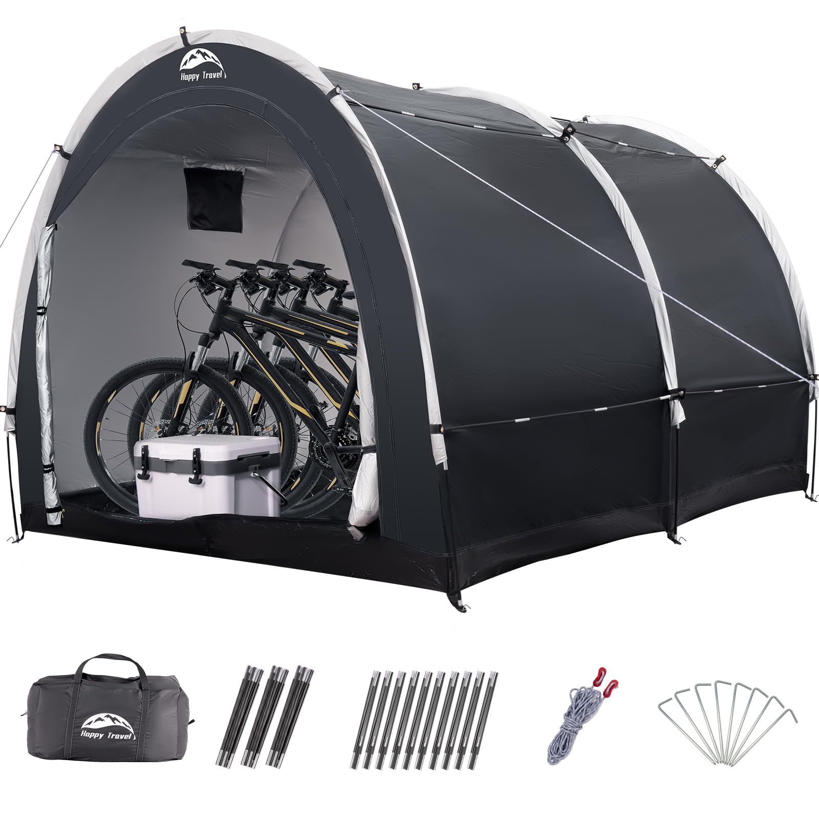 HAPPY TRAVEL front view of closed shed offering roomy protection