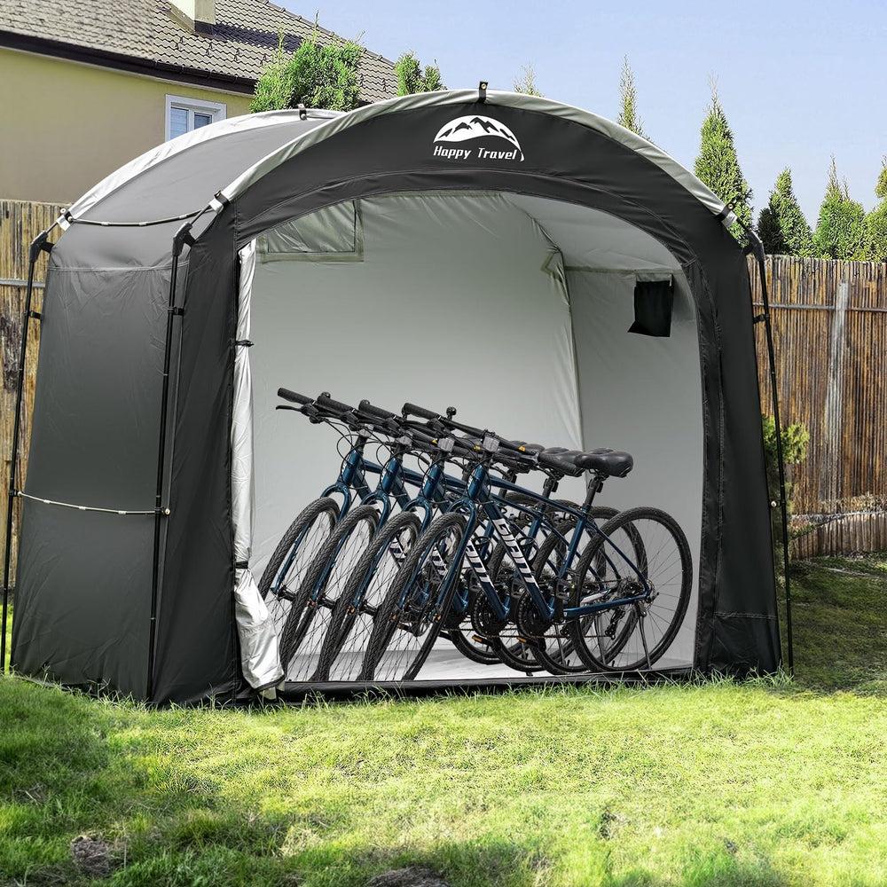 HAPPY TRAVEL outdoor garage setting showing tidy equipment storage
