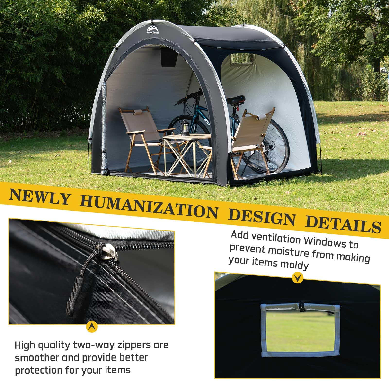 HAPPY TRAVEL two motorcycles sheltered inside showing secure coverage