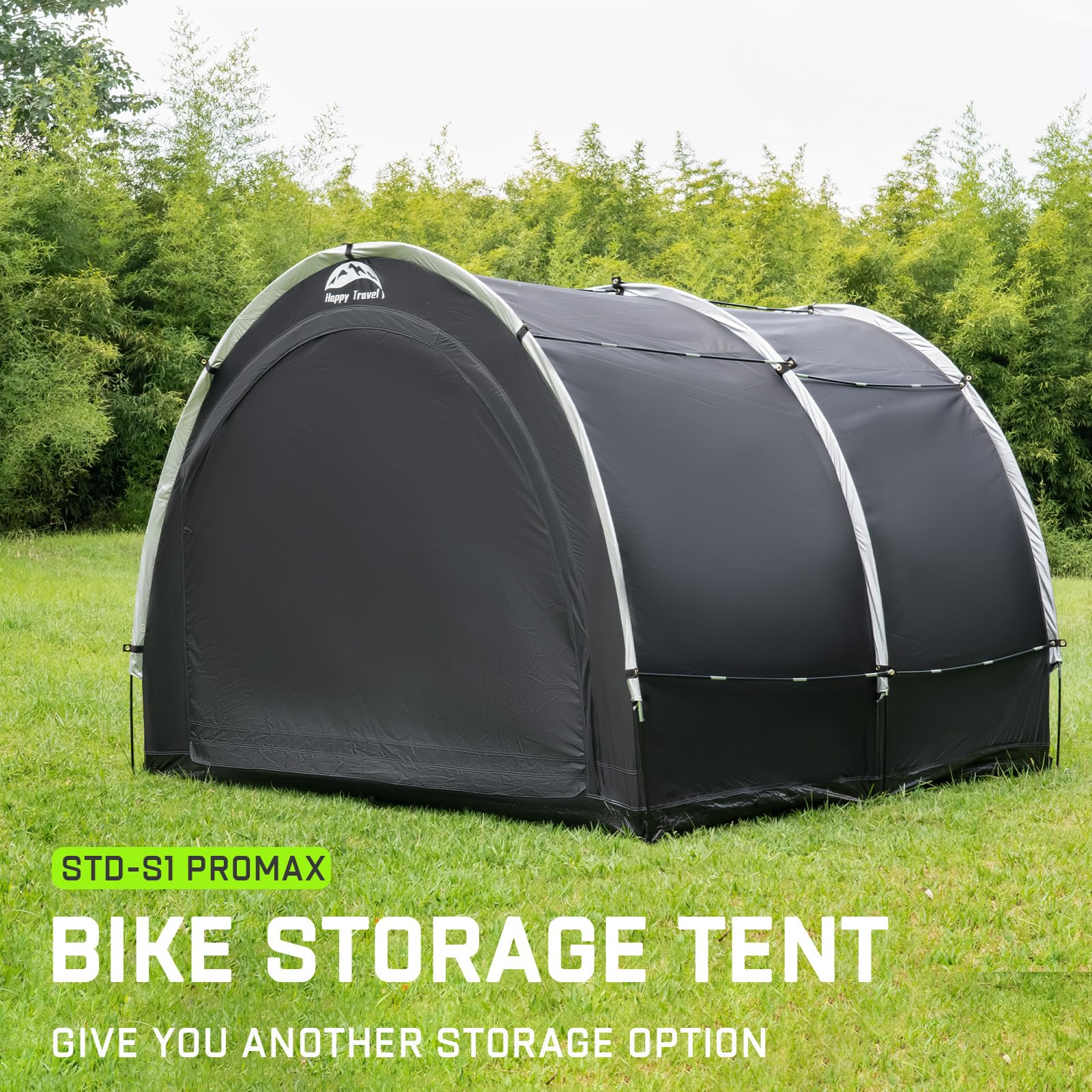 HAPPY TRAVEL outdoor shed in rain illustrating waterproof protection