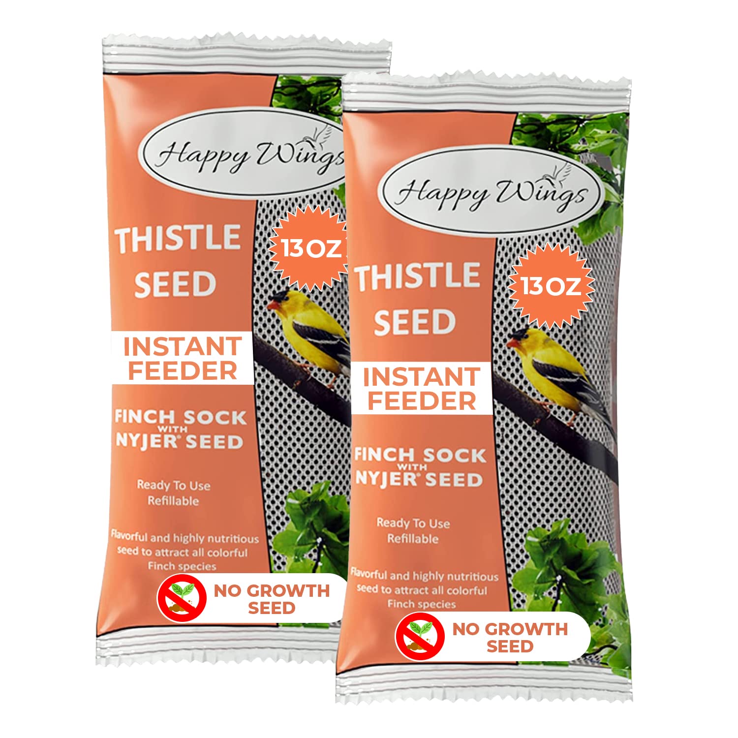 Happy Wings front packaging showing two prefilled nyjer socks and brand clarity