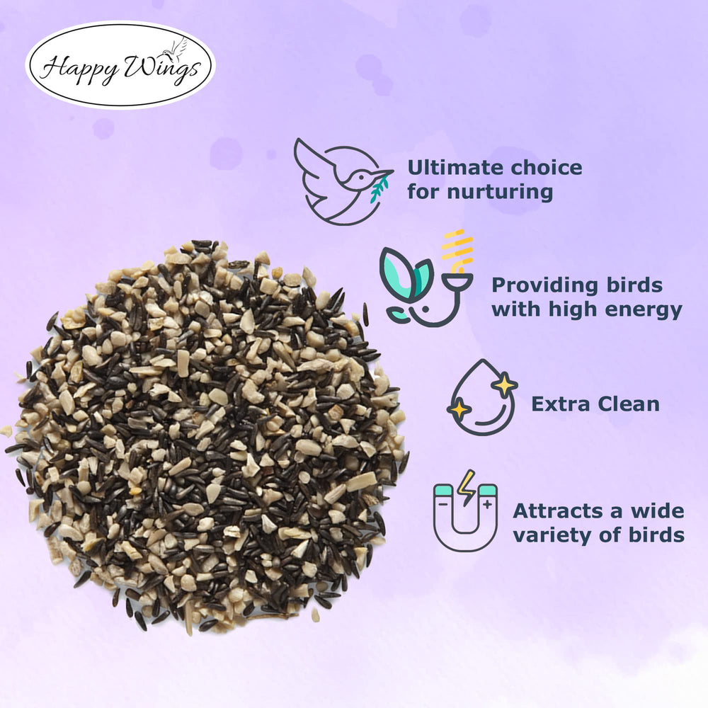 Happy Wings seeds filling a tube feeder attracting finches quickly