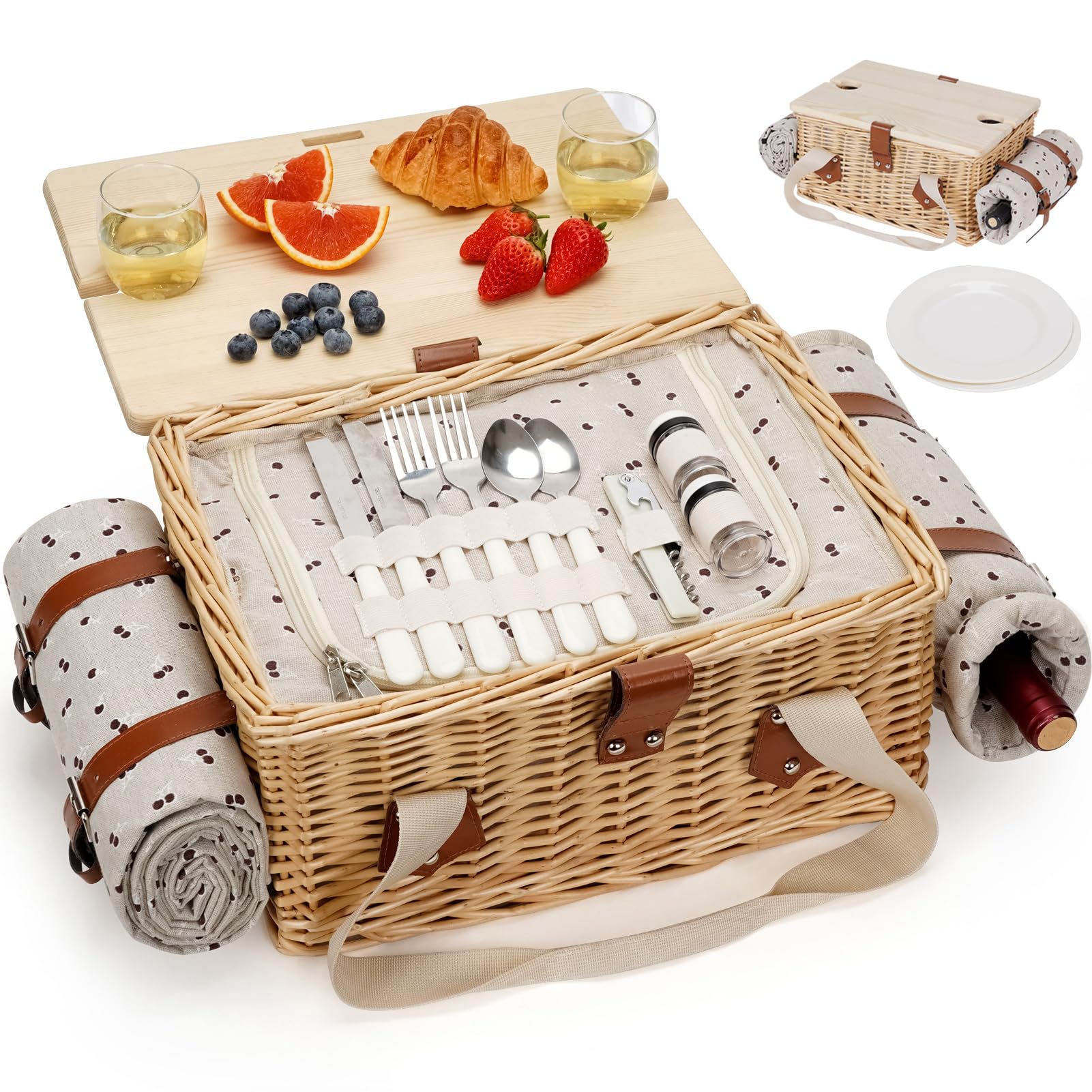 HappyPicnic cherry wicker basket front view showing full set and portability benefit
