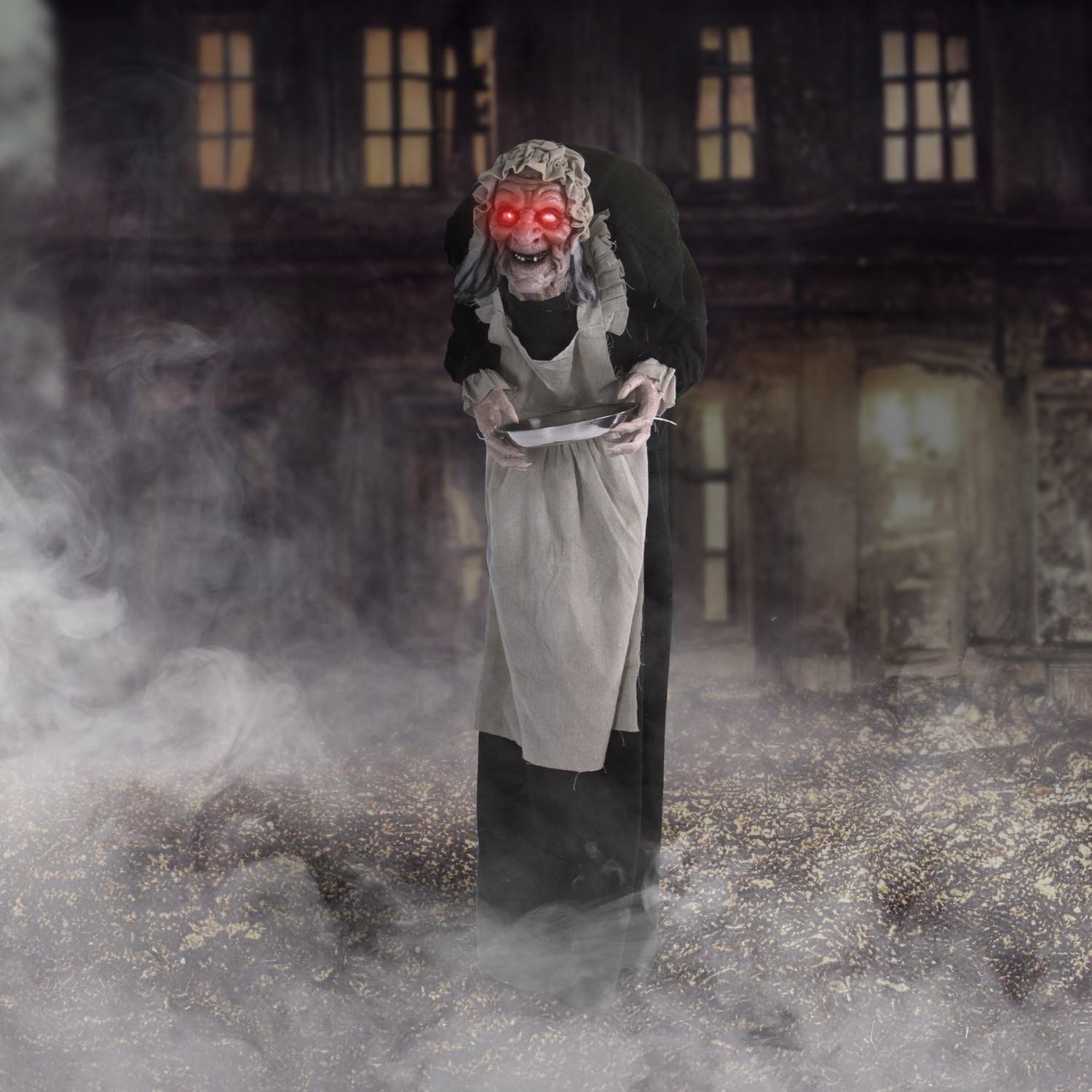 Haunted Hill Farm Ruby staged on porch to greet trick-or-treaters effectively