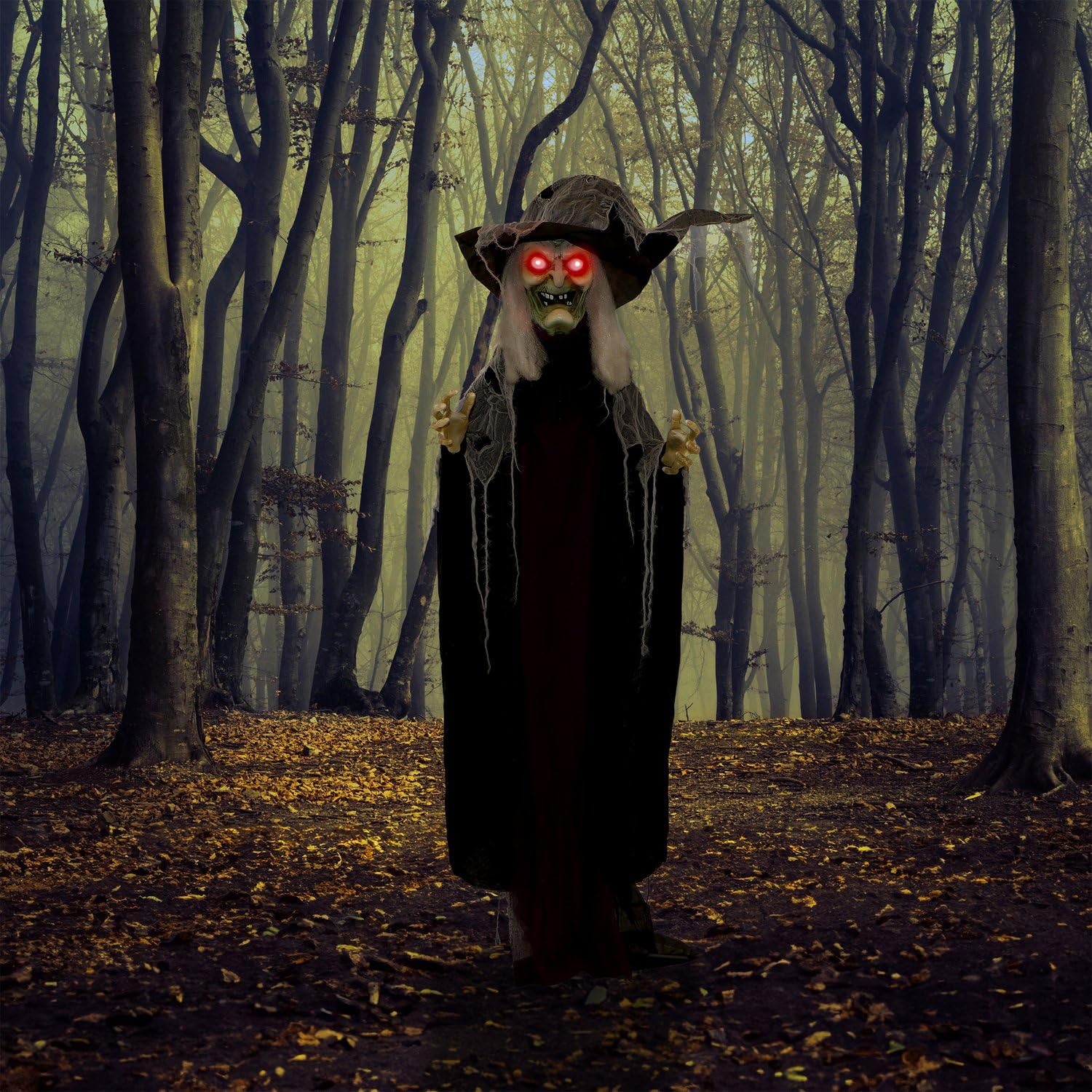 Haunted Hill Farm witch beside door showing scale for placement planning